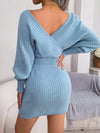 New Sexy Cross V-neck Bat Sleeve Lift Hip Sweater Dress Solid 2024 Fashion Elegant Female Evening Party Long Sleeve Dresses