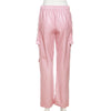 Pink Cargo Pants for Women 2025 Spring Straight Leg Solid Multi-Pocket Design High Waist Pu Leather Loose Baggy Pants Streetwear