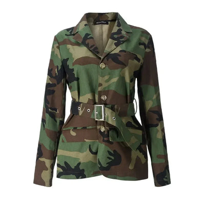 Women OL Work Long Sleeve Notched Neck Blazers Street INS Camouflage Print Belt Blazers Tops Street Outwear Coats