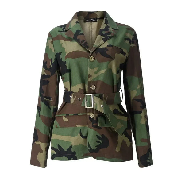 Women OL Work Long Sleeve Notched Neck Blazers Street INS Camouflage Print Belt Blazers Tops Street Outwear Coats