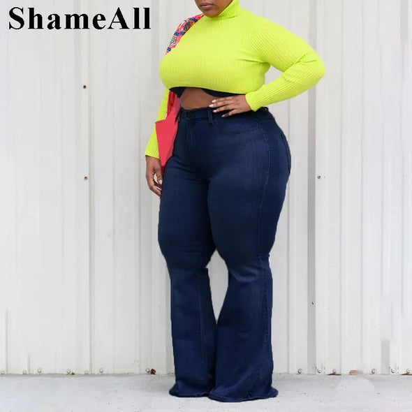 Plus Size Wide Lge Super Stretchy Flare Jeans Mom 4XL Fall Spring Sexy High Waisted Matching Slim Fit Skinny Denim Bell Bottoms