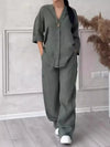 Women's Cotton and Linen Pants Suit Casual Solid Color Pullover Pants 2-piece Set White Pink