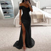 Sequin Pleated V-neck Maxi Dress Off-shoulder Gown Dress Elegant Evening Party Prom Dress with Off Shoulder Slim Sexy for Women