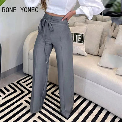 Women Tied Detail Straight Leg Work Elegant Pants