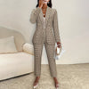 Women Fashion 2 Piece Set Plaid Double Breasted Blazer & Vintage Elastic Waist Trousers Feamle Chic Office Lady Pants Sets