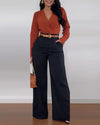 2025 Spring High Waist Pocket Design Flared Pants Casual Loose Fit Pants