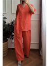 2024 Summer New Solid Color Cotton Hemp Set Seven Sleeve Fashion Button Top Wide Leg Pants Two Piece Set Women's Wear