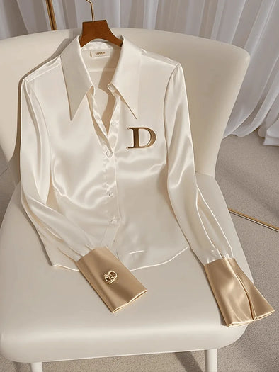 Elegant French Women's White DIOR Satin Shirt Turn-down Collar Long Sleeve Blouse Autumn/Winter for Women Casual Simple Office Lady