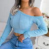 Sexy Knitted One Shoulder Crop Top Women Fashion Long Sleeve Tops Casual Hollow White Thin Sweater Autumn Winter Pullover 2022