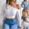 Sexy Knitted One Shoulder Crop Top Women Fashion Long Sleeve Tops Casual Hollow White Thin Sweater Autumn Winter Pullover 2022