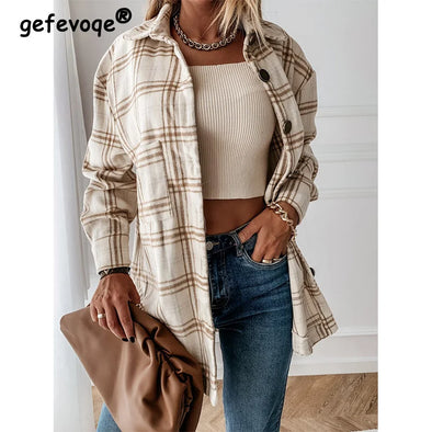 Checked Printing Shirt Women's Clothing 2023 Autumn and Winter New Turn-down Collar Loose Medium Long Woolen Open Stitch Coat