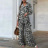 Fashion Long-sleeved V-neck Button-up Shirt + Wide-leg Pants 2 Piece Set For Women Autumn Leopard Print Loose Casual Suit Female