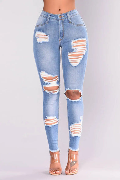 Europe and The United States New Fashion Elastic Ripped Pencil Jeans, Women's Spring and Autumn Slim-fit Small Leg Pants Jeans