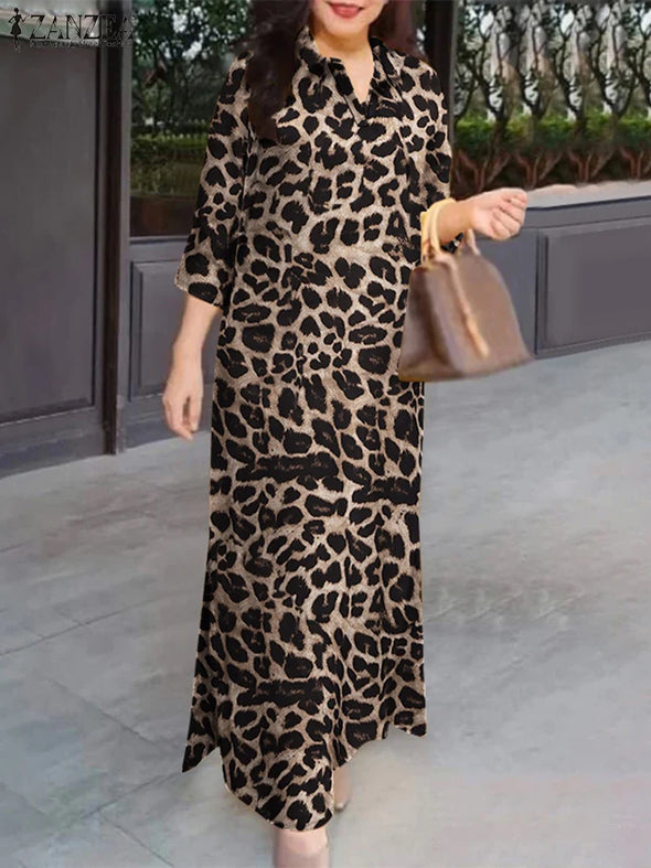 ZANZEA Women's Long Dresses 2025 Spring Summer Leopard Print 3/4 Sleeve Lapel Neck Maxi Robes Femme Commute Office Slit Kleid