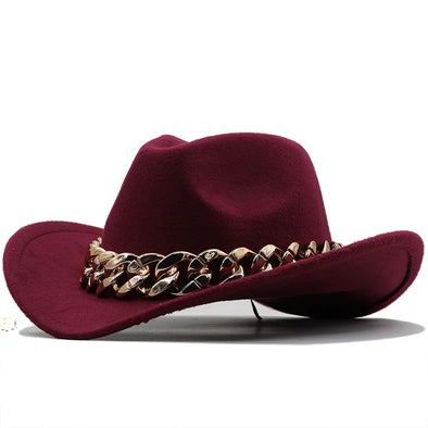 Luxury Men Women Western Cowboy Hat With gold chain Wide Brim Hat Pop Jazz Hat Winter Wool Hat Size 56-58CM