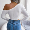 Sexy Knitted One Shoulder Crop Top Women Fashion Long Sleeve Tops Casual Hollow White Thin Sweater Autumn Winter Pullover 2022