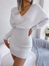 New Sexy Cross V-neck Bat Sleeve Lift Hip Sweater Dress Solid 2024 Fashion Elegant Female Evening Party Long Sleeve Dresses