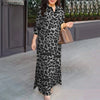 ZANZEA Women's Long Dresses 2025 Spring Summer Leopard Print 3/4 Sleeve Lapel Neck Maxi Robes Femme Commute Office Slit Kleid