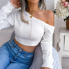 Sexy Knitted One Shoulder Crop Top Women Fashion Long Sleeve Tops Casual Hollow White Thin Sweater Autumn Winter Pullover 2022