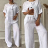 Women's Cotton and Linen Pants Suit Casual Solid Color Pullover Pants 2-piece Set White Pink