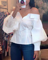 Elegant White Shirts for Women Lantern Sleeve Off Shoulder Top Lady Blosues Long Sleeve Ruched Design Feamel Clothes Spring 2024