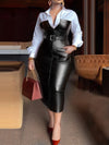 Womens Shirt Collar Dresses New Autumn Buttons Long Sleeve PU Leather Patchwork Pocket Skinny Belted Lapel Female Midi Dress