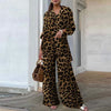Fashion Long-sleeved V-neck Button-up Shirt + Wide-leg Pants 2 Piece Set For Women Autumn Leopard Print Loose Casual Suit Female