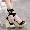 Women Summer Butterfly Knot Solid Black Open Toe Sandals Fashion Platform High Heels Wedge Shoes Ankle Bowtie Dress Shoes 35~42