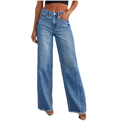 Wide Leg Pants Women Splice Casual Loose Jeans Pockets Button Mid Waist Regular Straight Denim Long Trousers Autumn 2023