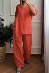 2024 Summer New Solid Color Cotton Hemp Set Seven Sleeve Fashion Button Top Wide Leg Pants Two Piece Set Women's Wear