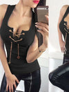 Women's Lace-Up Chain Low Cut Tank Top Slim Fit Deep V-Neck Vest High Street Style Debardeur Haut Femme