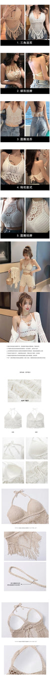 Crop Tops Retro Wild Hollow Perspective Tassel Sexy Spaghetti Strap Tanke Top Women Built In Bra New Back Lace Halter Neck