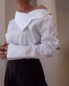 Women Trendy Stand Collar Side Button Elegant Shirt Spring Summer Leisure Versatile Sexy Off Shoulder Long Sleeve White Blouses