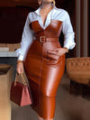 Womens Shirt Collar Dresses New Autumn Buttons Long Sleeve PU Leather Patchwork Pocket Skinny Belted Lapel Female Midi Dress