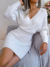 New Sexy Cross V-neck Bat Sleeve Lift Hip Sweater Dress Solid 2024 Fashion Elegant Female Evening Party Long Sleeve Dresses