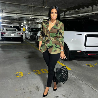 Women OL Work Long Sleeve Notched Neck Blazers Street INS Camouflage Print Belt Blazers Tops Street Outwear Coats