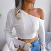 Sexy Knitted One Shoulder Crop Top Women Fashion Long Sleeve Tops Casual Hollow White Thin Sweater Autumn Winter Pullover 2022