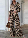 Fashion Long-sleeved V-neck Button-up Shirt + Wide-leg Pants 2 Piece Set For Women Autumn Leopard Print Loose Casual Suit Female