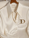 Elegant French Women's White DIOR Satin Shirt Turn-down Collar Long Sleeve Blouse Autumn/Winter for Women Casual Simple Office Lady