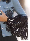 Fashion Women's Jacket Rhinestone Floral Denim Lace Patchwork Flared Sleeve Button Jacket Long Sleeve Lapel Vest 2024 Summer