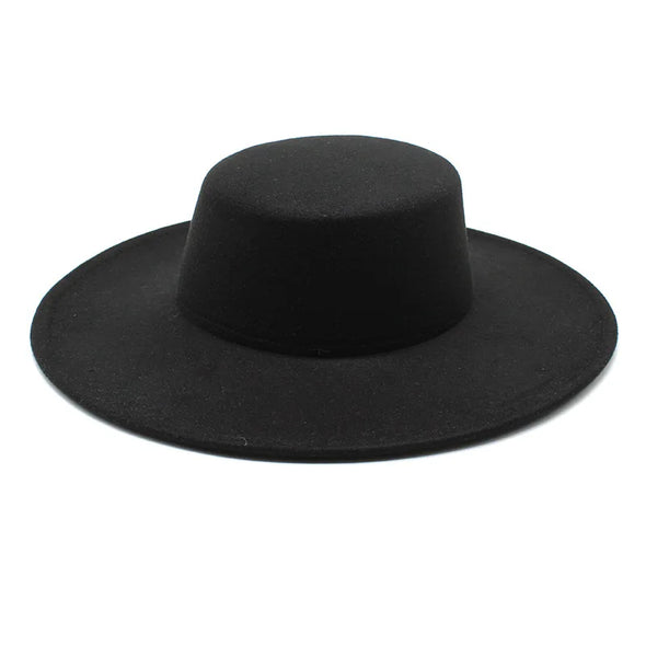 French Women's Hat Big Wide Brim 10CM Fedora Hat Winter Wool Derby Wedding Jazz Hats Flat Top Felt Hat