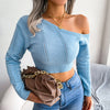 Sexy Knitted One Shoulder Crop Top Women Fashion Long Sleeve Tops Casual Hollow White Thin Sweater Autumn Winter Pullover 2022