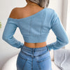 Sexy Knitted One Shoulder Crop Top Women Fashion Long Sleeve Tops Casual Hollow White Thin Sweater Autumn Winter Pullover 2022