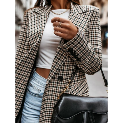 Autumn Thin Retro Printed Checkered Patchwork Blazers Casual Long Sleeved Jacket Women's Coat