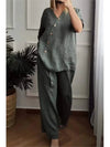 2024 Summer New Solid Color Cotton Hemp Set Seven Sleeve Fashion Button Top Wide Leg Pants Two Piece Set Women's Wear