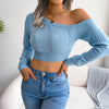 Sexy Knitted One Shoulder Crop Top Women Fashion Long Sleeve Tops Casual Hollow White Thin Sweater Autumn Winter Pullover 2022