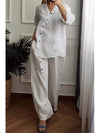 2024 Summer New Solid Color Cotton Hemp Set Seven Sleeve Fashion Button Top Wide Leg Pants Two Piece Set Women's Wear