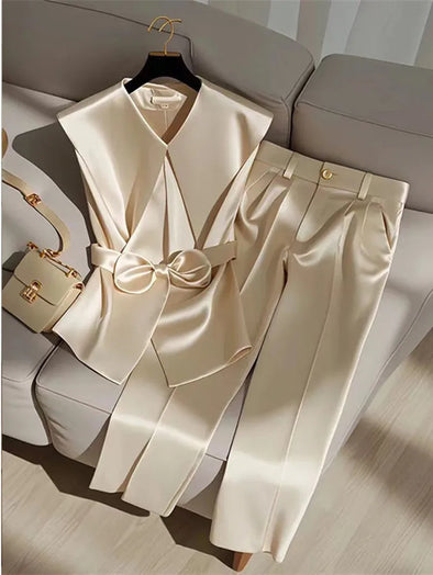 Fashion Satin Celebrity Outfits Elegant OL Peter Pan Collar Bow Sleeveless Vest + High Waist Wide Leg Pants Two Piece Set 376P