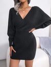 New Sexy Cross V-neck Bat Sleeve Lift Hip Sweater Dress Solid 2024 Fashion Elegant Female Evening Party Long Sleeve Dresses