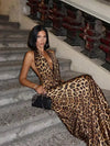 Sexy Backless Leopard Printed Hang-neck Dress Women Fashion Lace Up Sleevelss Pleated Maxi Dresses 2024 Summer Lady Streetwear